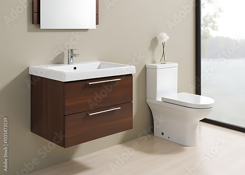 Bathroom pedestal features wooden design for decoration purposes in product presentations.