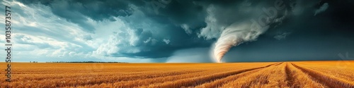 Dramatic Tornado Over Golden Wheat Field under Dark Clouds