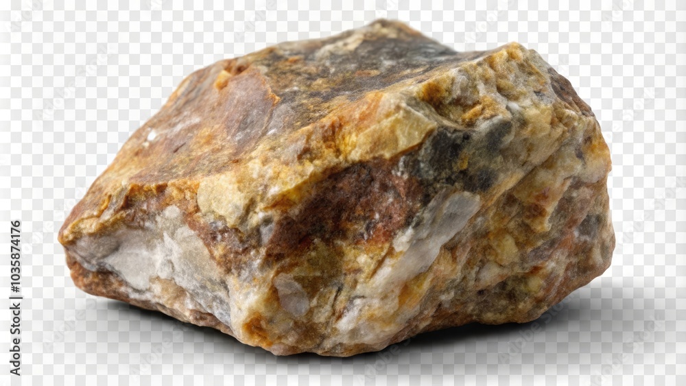 Brown and beige stone with a rough texture is lying isolated on a white background