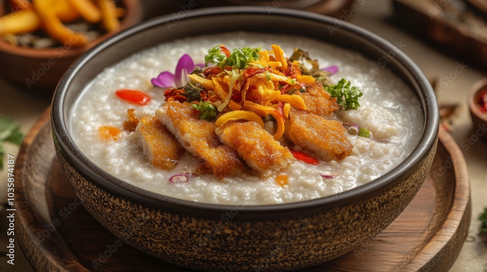 Delicious Chicken Porridge in a Rustic Bowl Delicious Chicken Porridge in a Rustic Bowl