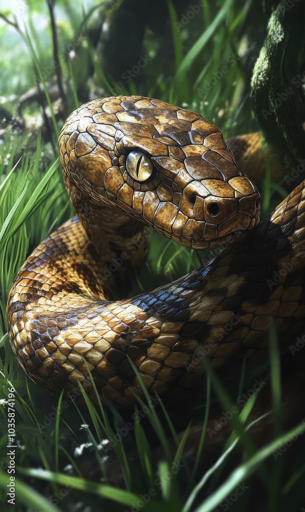 A brown snake with yellow eyes in green grass. A brown snake with yellow eyes in green grass.
