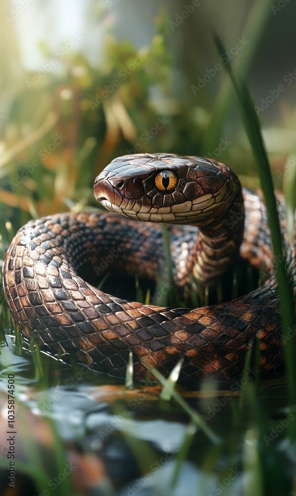 Fototapeta premium A snake with yellow eyes coiled in grass.