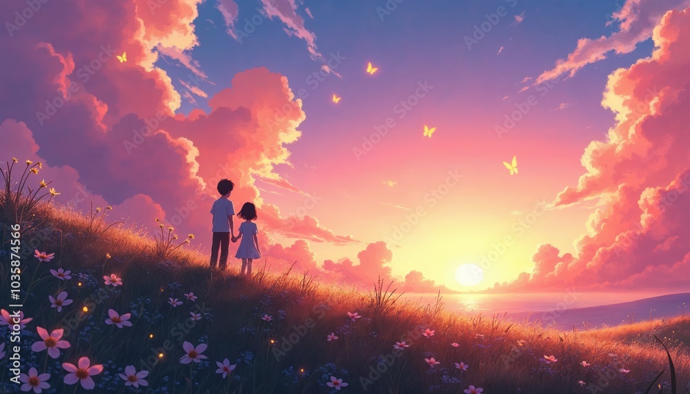 Two children hold hands while gazing at a vibrant sunset in a field, surrounded by colorful wildflowers and butterflies., anime art style Two children hold hands while gazing at a vibrant sunset in a field, surrounded by colorful wildflowers and butterflies., anime art style