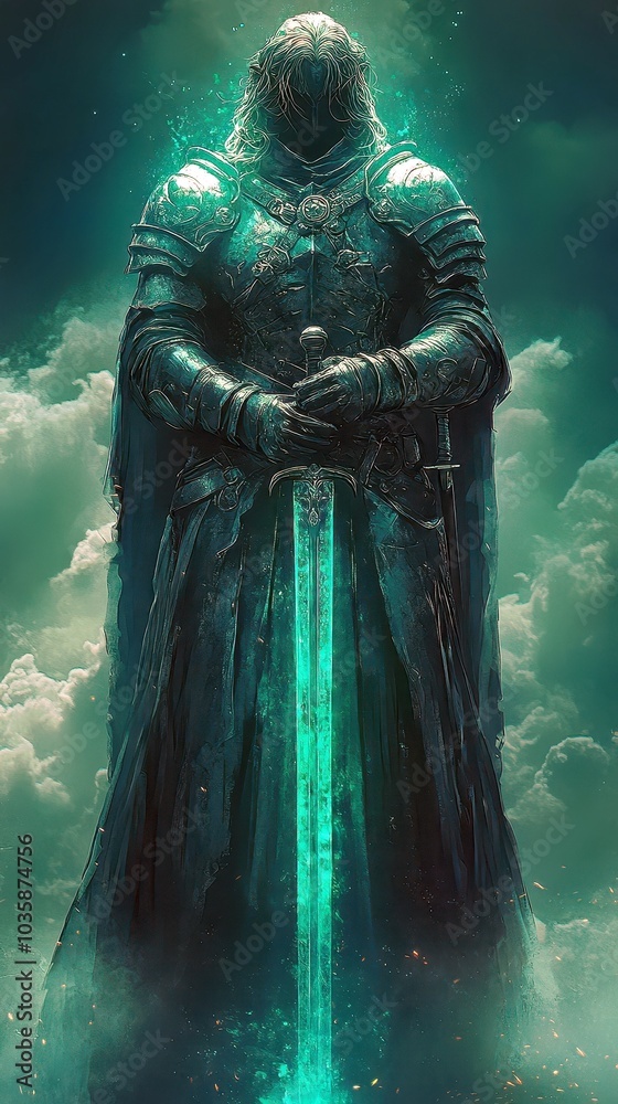 Epic Fantasy Knight in Armor with Glowing Sword Amidst Dramatic Clouds Epic Fantasy Knight in Armor with Glowing Sword Amidst Dramatic Clouds