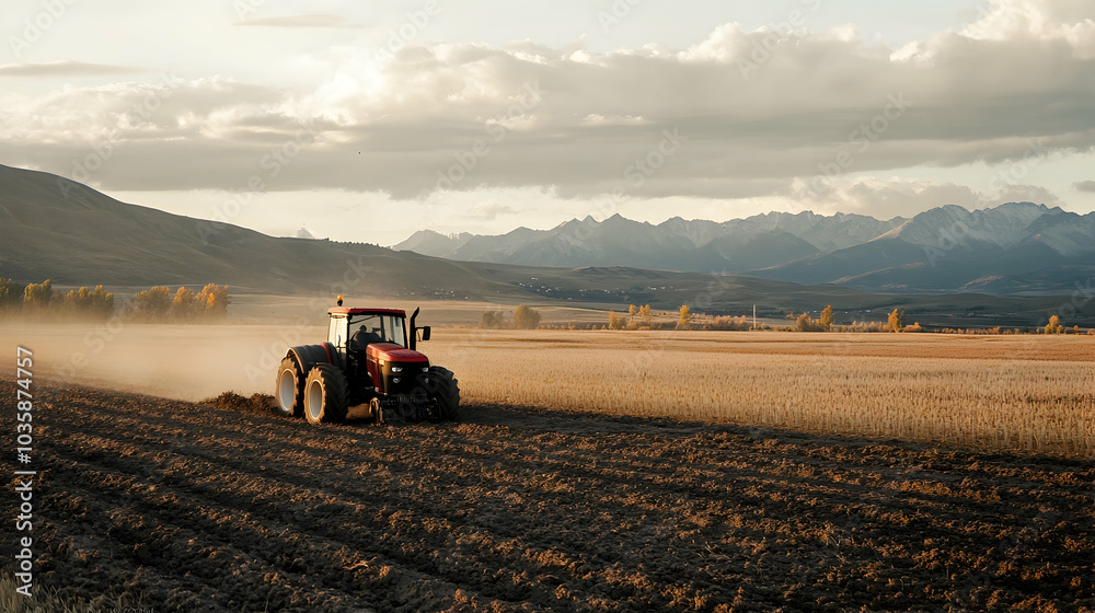 Fototapeta premium A tractor working the soil in a field, with a stunning backdrop of nature -