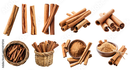 Fototapeta Naklejka Na Ścianę i Meble -  Cinnamon plant herb spice, many angles and view side top front basket powder pile stick isolated on transparent background cutout, PNG file. Mockup template for artwork graphic design
