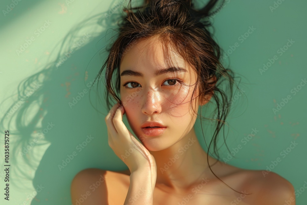Captivating Close-Up of a Young Woman Embracing Natural Beauty and Soft Shadows Captivating Close-Up of a Young Woman Embracing Natural Beauty and Soft Shadows