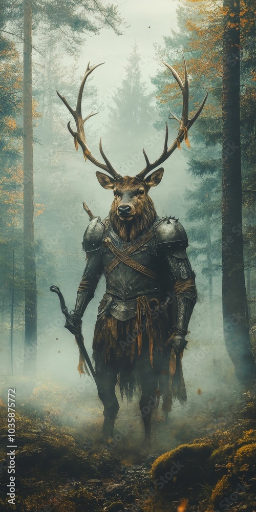 Naklejka premium Armored deer warrior stands in misty forest.