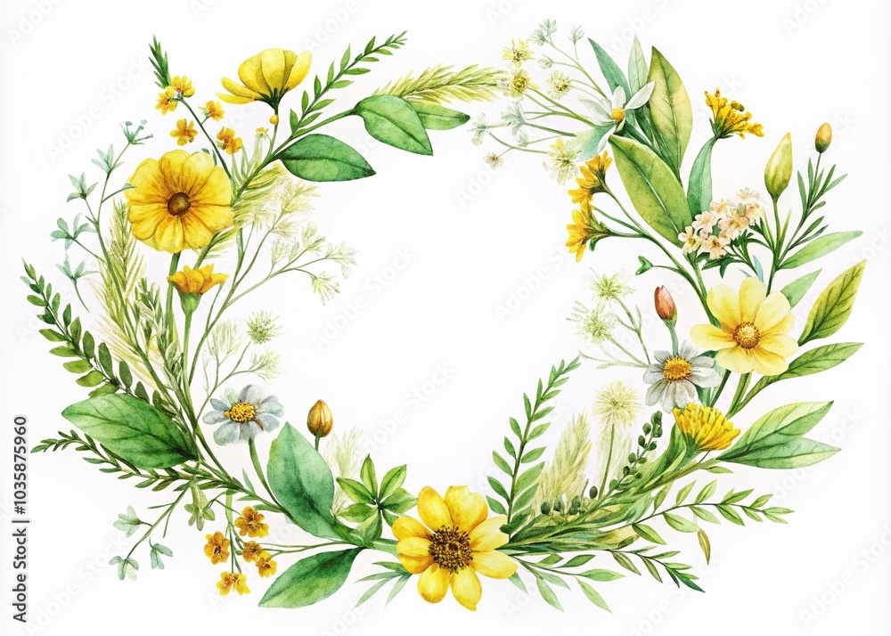 Fototapeta premium Watercolor Yellow Wildflower Wreath for Invitations and Cards Design