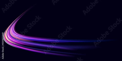 Neon color glowing lines background, high-speed light trails effect. Modern abstract high-speed light motion effect on black background. Light motion effect, slow shutter of traffic.