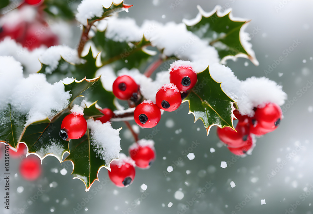 A red and white bouquet decorated with pine needles is placed on a snowy background. The details of the flowers and pine needles are clear, with tiny snowflakes. A red and white bouquet decorated with pine needles is placed on a snowy background. The details of the flowers and pine needles are clear, with tiny snowflakes.