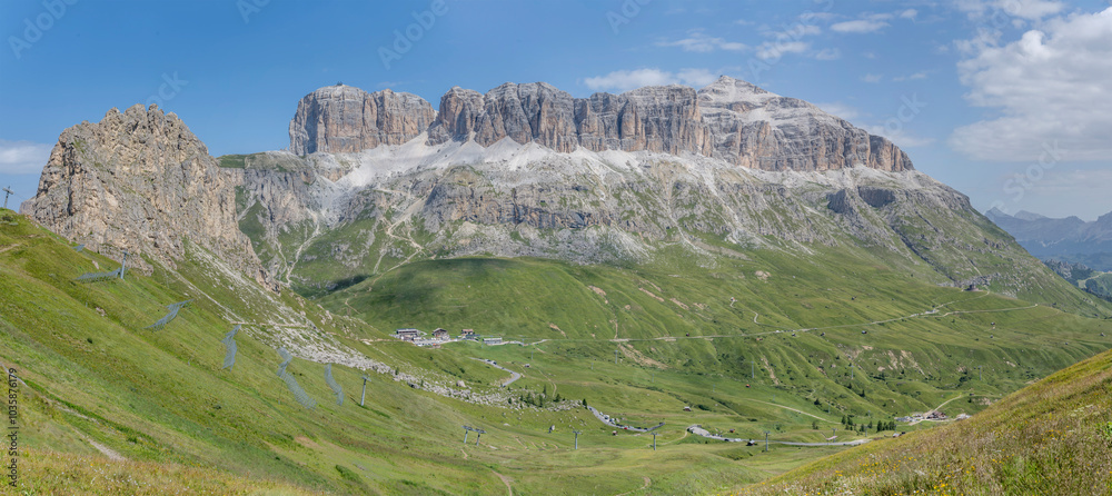 Sella mountain range and Sass Bece' peak from south, Canazei, Italy