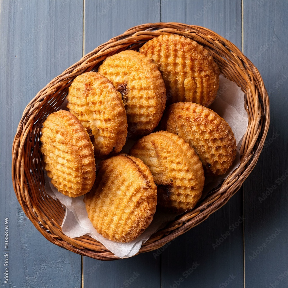 aerial view of a basket containing deep fried cookie sandwiches aerial view of a basket containing deep fried cookie sandwiches