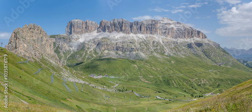 Obraz na płótnie Sella mountain range and Sass Bece' peak from south, Canazei, Italy w salonie