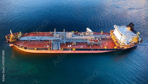 aerial perspective of a tanker vessel s open compartments highlighting the complex design and cargo handling activities photo