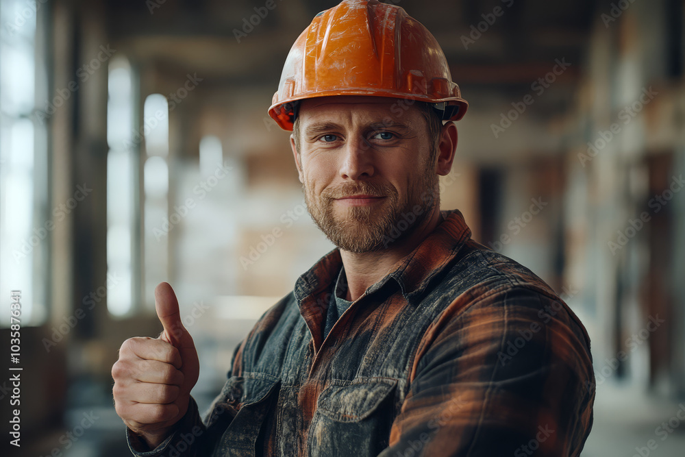 confident construction worker wearing orange helmet gives thumbs up in building under construction. worker is dressed in plaid shirt, exuding sense of satisfaction confident construction worker wearing orange helmet gives thumbs up in building under construction. worker is dressed in plaid shirt, exuding sense of satisfaction