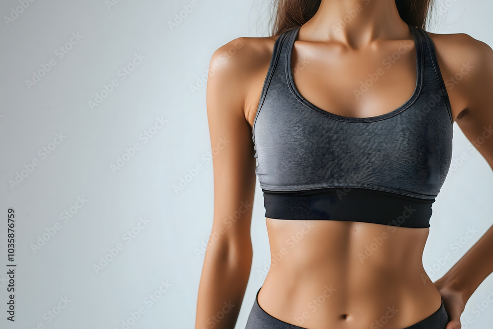 Athletic woman in grey sports bra showing toned abs and fit body against light background, sportswear photography