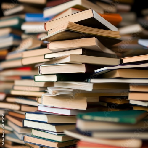 A chaotic stack of books piled high, showcasing a love for reading.
