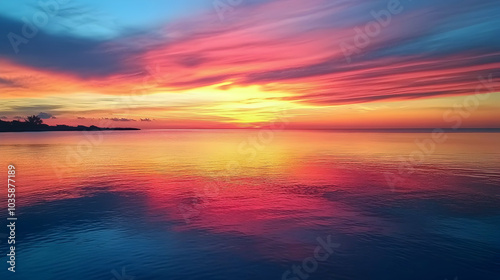 Breathtaking sunset with vibrant colors reflected on the calm ocean waters -