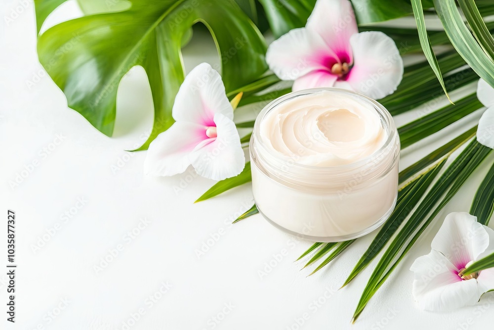 Coconut oil body butter in a clear jar with palm leaves and tropical flowers around it, coconut oil cosmetic, luxury organic skincare