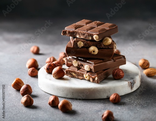chocolate bars stacked on a marble plate with hazelnuts scattered