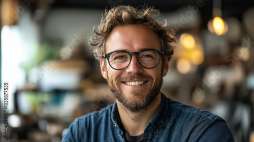 smiling man with glasses and curly hair is sitting in cozy, warmly lit room, exuding friendly and approachable vibe. background is softly blurred, enhancing focus on his cheerful expression