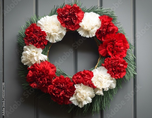 close up of a floral wreath adorned with red and white carnations