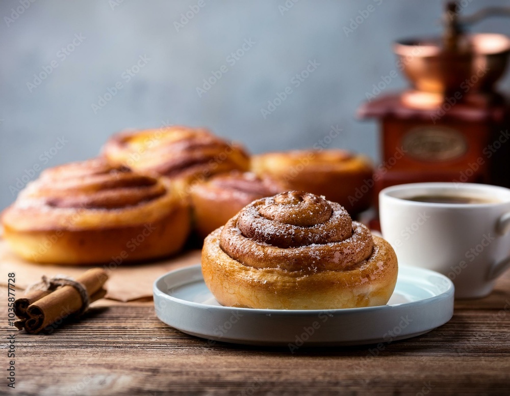 closeup homemade cinnamon bun and cup of coffee espresso on wooden table front view copyspace closeup homemade cinnamon bun and cup of coffee espresso on wooden table front view copyspace