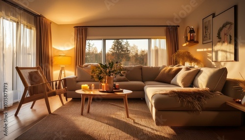 cozy living room with warm lighting and comfortable sofa setup