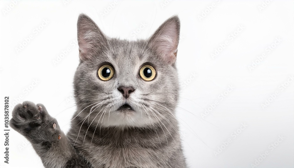 Obraz premium A gray shorthair cat isolated on white background. Scared or surprised cat. The cat has its paw raised as if it were staring and paralyzed by what it sees. 