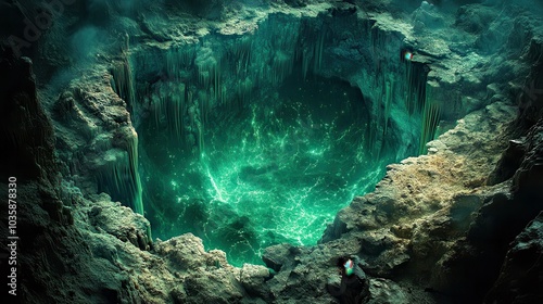 Mystical Deep Cave with Glowing Green Water and Rock Formations