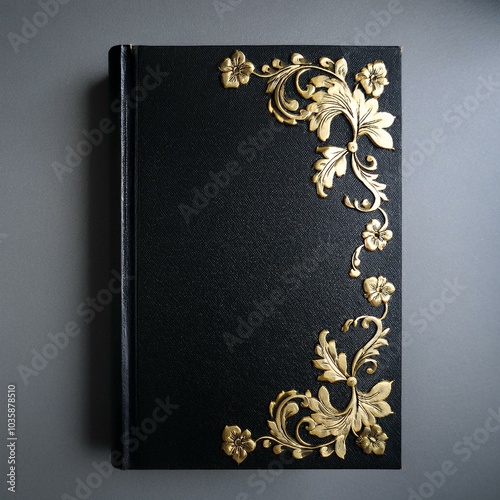 elegant black book cover with gold floral embellishments