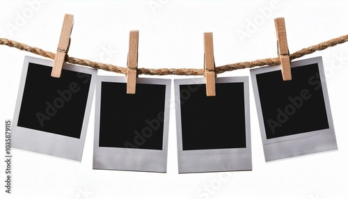 four blank instant photo frames hanging on a rope isolated on white background  file photo