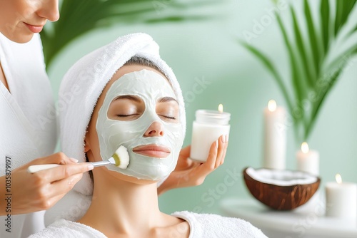 Face mask made with coconut oil and natural ingredients, applied in a spa setting, coconut oil face care, organic facial treatment