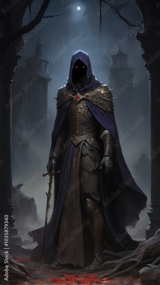 This image depicts a dark, ominous figure shrouded in a hooded cloak, standing in a mysterious, haunting environment with looming structures in the background. This image depicts a dark, ominous figure shrouded in a hooded cloak, standing in a mysterious, haunting environment with looming structures in the background.