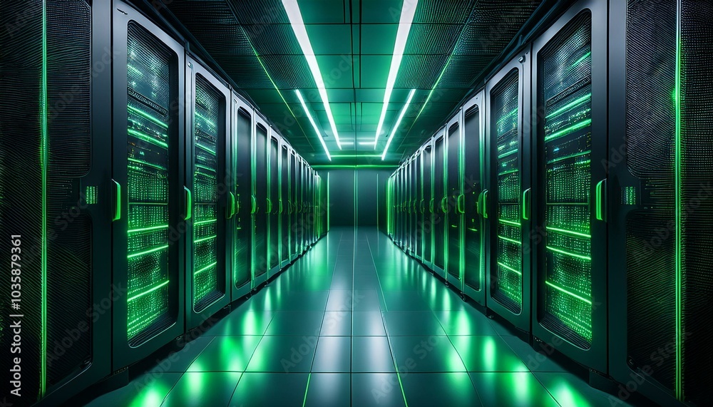 futuristic server room with glowing green lights high tech server room with racks of data servers and glowing green led lights symbolizing modern data center technology futuristic server room with glowing green lights high tech server room with racks of data servers and glowing green led lights symbolizing modern data center technology