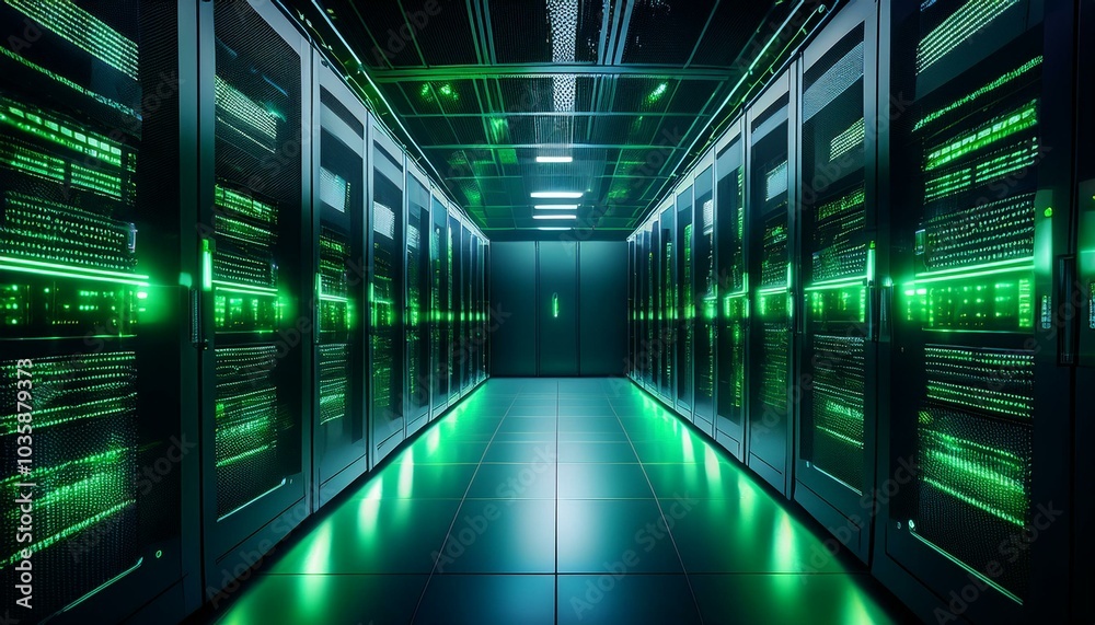 futuristic server room with glowing green lights high tech server room with racks of data servers and glowing green led lights symbolizing modern data center technology futuristic server room with glowing green lights high tech server room with racks of data servers and glowing green led lights symbolizing modern data center technology