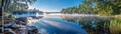 Serene Morning Mist Over Tranquil Lake Surrounded by Lush Forest