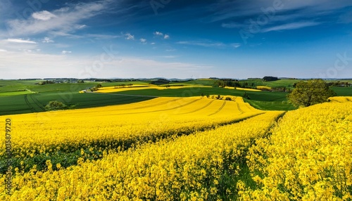 green and yellow farm fields with canola rapeseed in skane sweden during spring photo