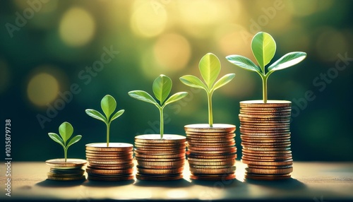 growing plants emerge from stacks of coins symbolizing sustainable investment and financial growth this represents connection between nature and economic prosperity