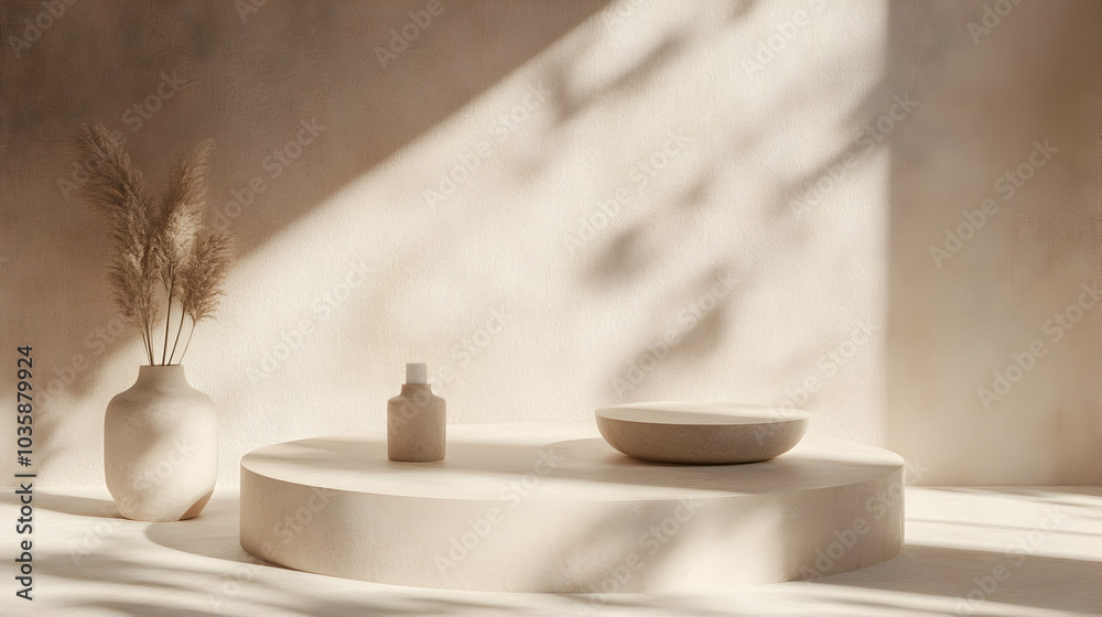 Elegant beige podium with shadows, providing a luxury display for products - Elegant beige podium with shadows, providing a luxury display for products -