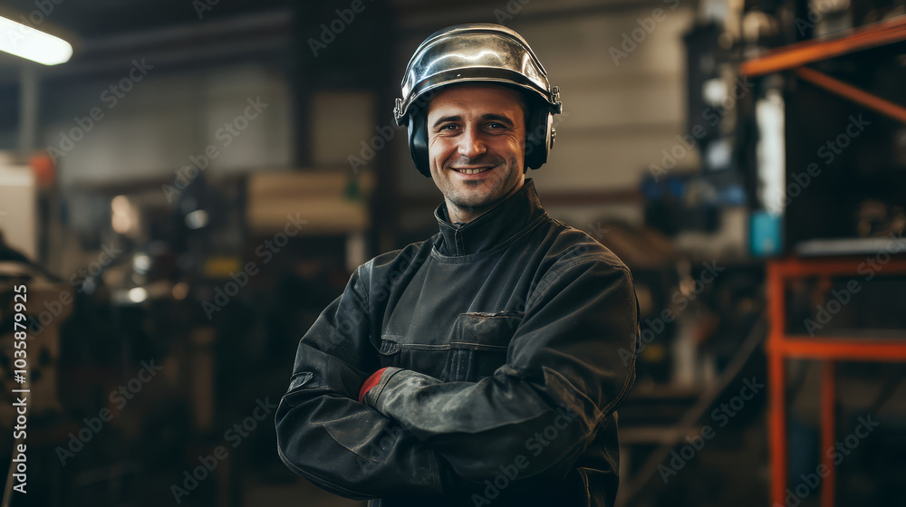 proud and happy welding technician stands confidently in workshop, wearing protective gear and helmet. industrial setting highlights his expertise and dedication to his craft proud and happy welding technician stands confidently in workshop, wearing protective gear and helmet. industrial setting highlights his expertise and dedication to his craft