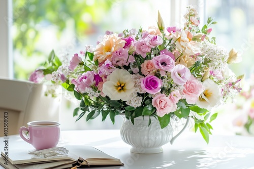 A beautifully arranged flower bouquet on a clean white table with a stylish journal and a coffee cup next to it.