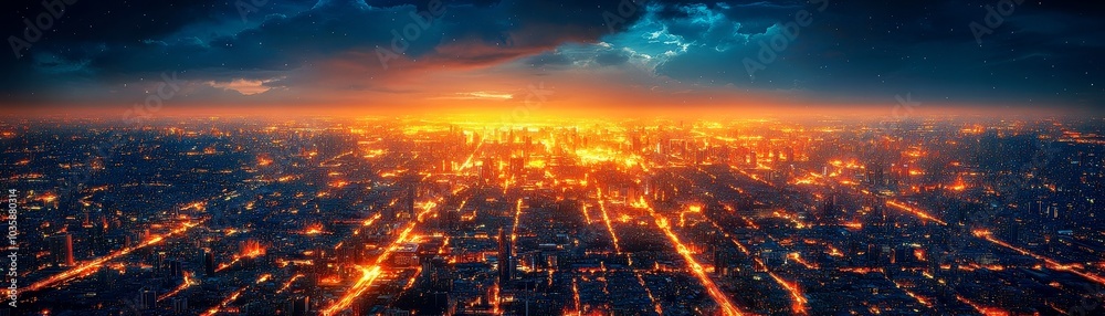 Fototapeta premium Stunning Cityscape at Dusk with Fiery Sunset and Illuminated Streets