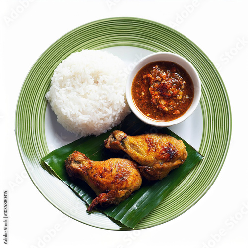 Indonesian culinary delight: Savor the rich flavors of Ayam Betutu, Balinese spiced chicken, served with fragrant rice and a zesty sambal. A true taste of Bali! photo