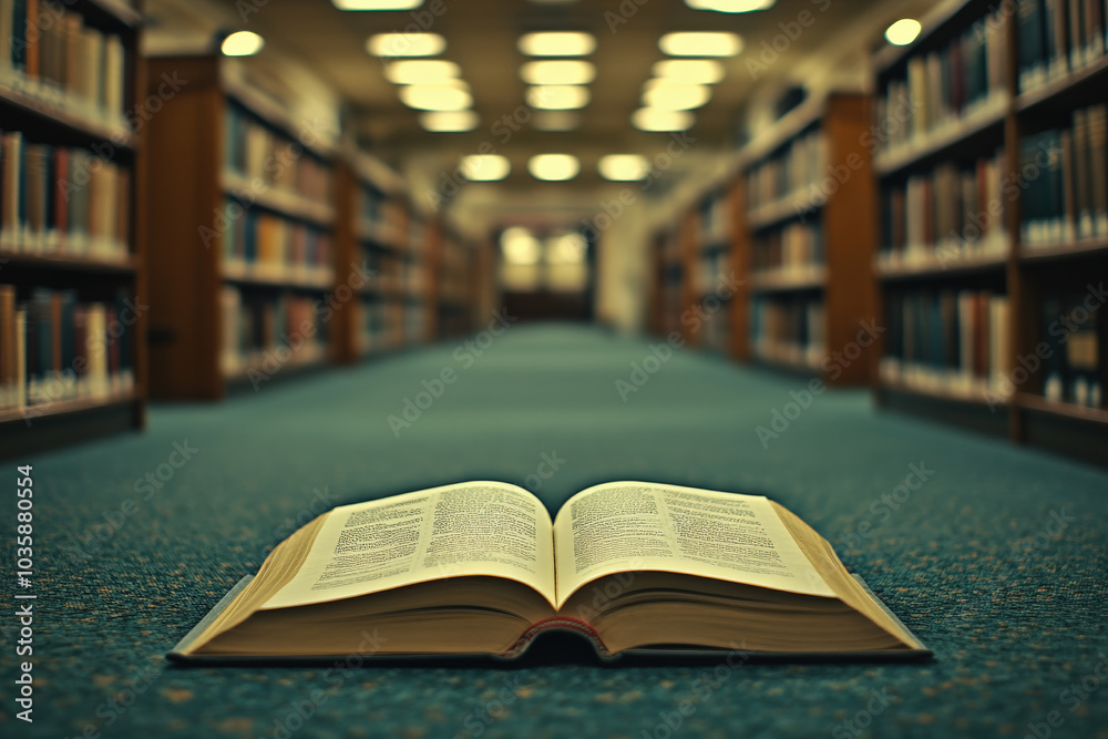 Open Book in Library Aisle Open Book in Library Aisle