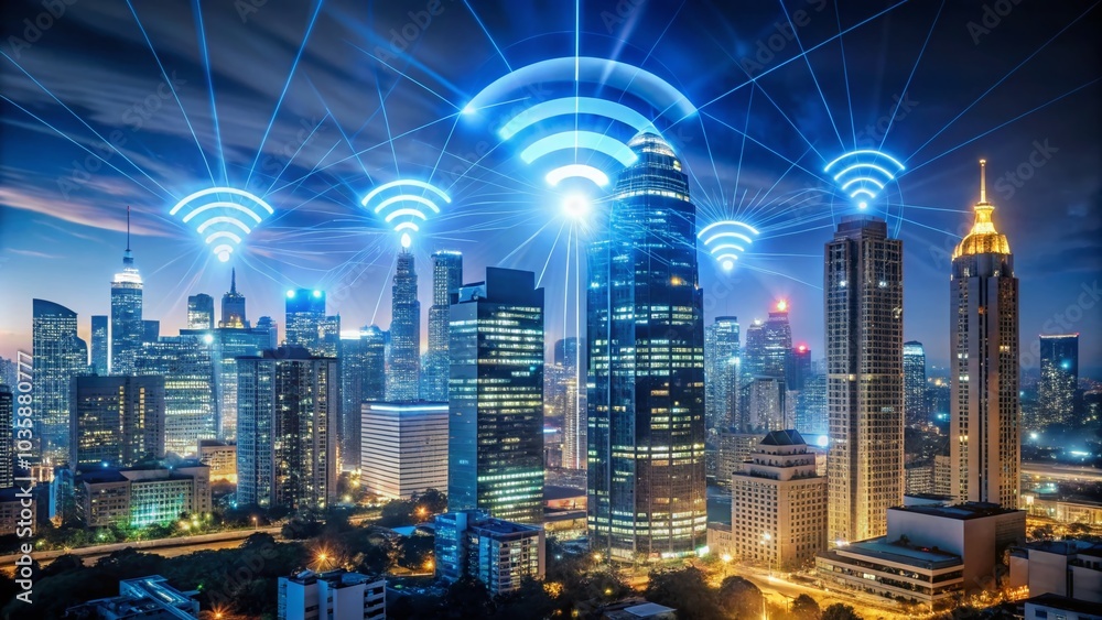Fototapeta premium Wireless Internet Connectivity in Modern Urban Nightscape - City Skyline with Blur Effect