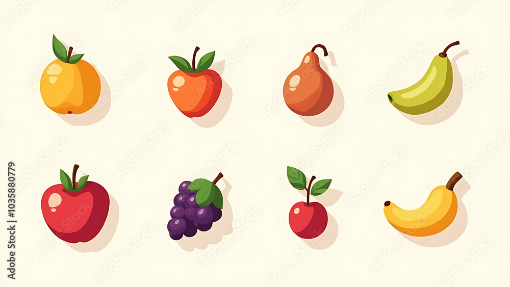 Colorful flat fruit icons available in cartoon style vector design for smart business presentations with ample copy space.