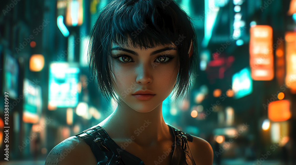 Beautiful girl in a white T-shirt stands against the background of a glowing city and large illuminations close-up generated in AI Beautiful girl in a white T-shirt stands against the background of a glowing city and large illuminations close-up generated in AI