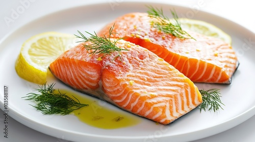 Fresh Salmon Fillets Garnished with Dill and Lemon on White Plate